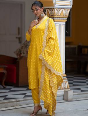 Women Bandhani Embroidered Regular Sequinned Kurta with Trousers & With Dupatta 4