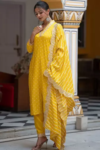 Women Bandhani Embroidered Regular Sequinned Kurta with Trousers & With Dupatta