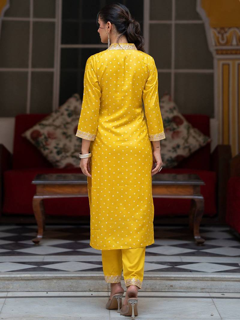 Women Bandhani Embroidered Regular Sequinned Kurta with Trousers & With Dupatta