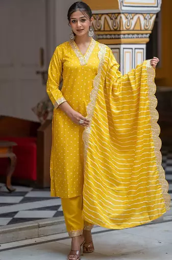 Women Bandhani Embroidered Regular Sequinned Kurta with Trousers & With Dupatta