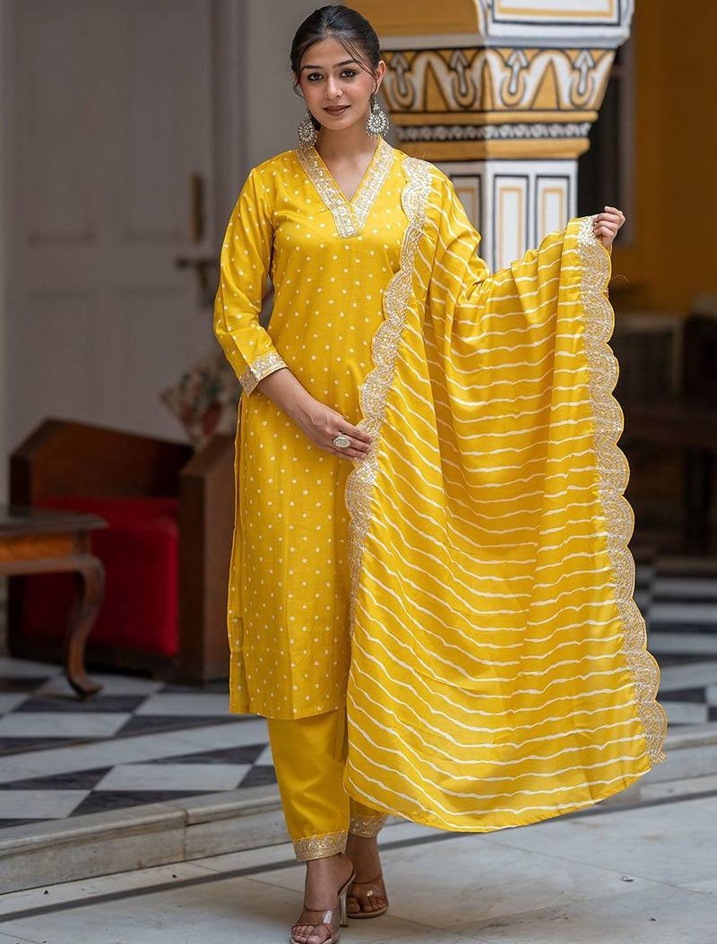 Women Bandhani Embroidered Regular Sequinned Kurta with Trousers & With Dupatta