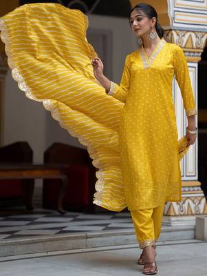 Women Bandhani Embroidered Regular Sequinned Kurta with Trousers & With Dupatta 7