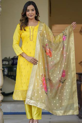 Floral Woven Design Regular Thread Work Straight Kurta With Trousers & Dupatta