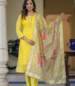 Floral Woven Design Regular Thread Work Straight Kurta With Trousers & Dupatta