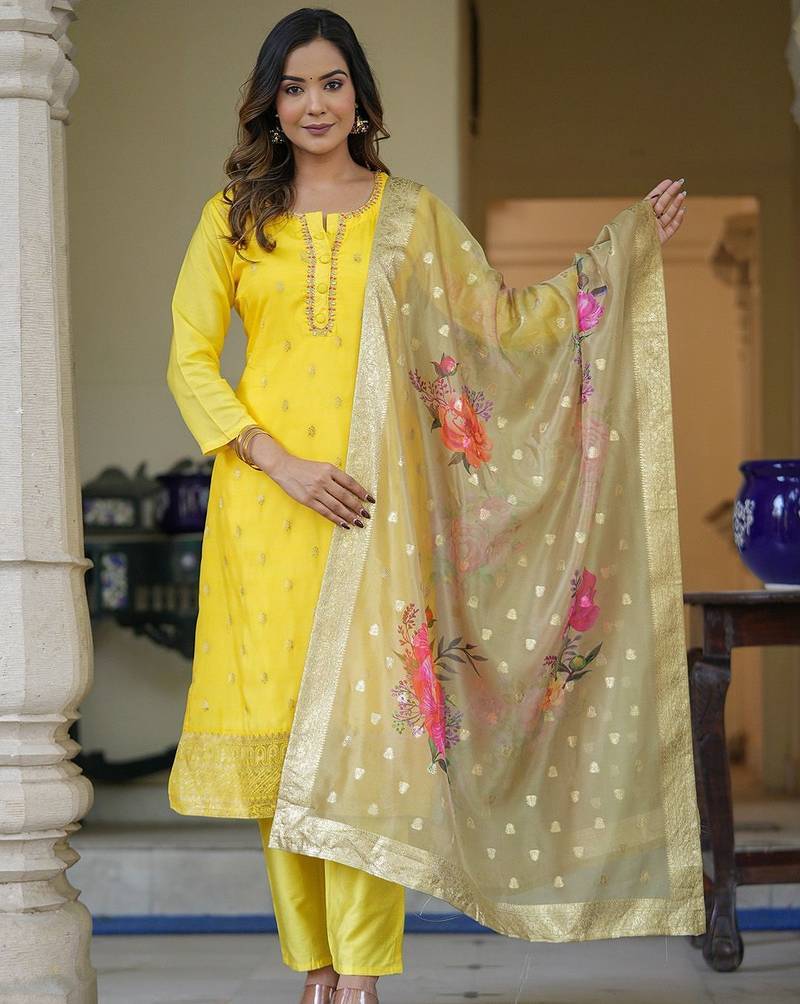 Floral Woven Design Regular Thread Work Straight Kurta With Trousers & Dupatta