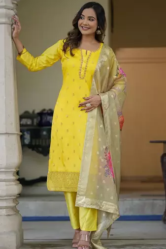Floral Woven Design Regular Thread Work Straight Kurta With Trousers & Dupatta