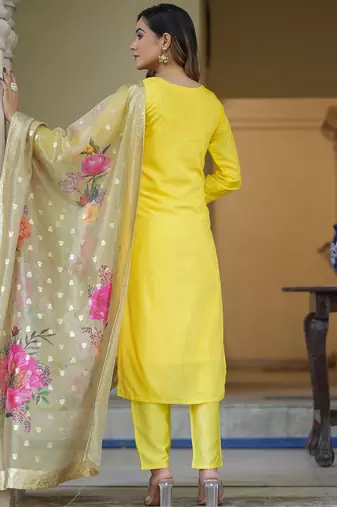 Floral Woven Design Regular Thread Work Straight Kurta With Trousers & Dupatta