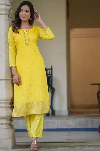 Floral Woven Design Regular Thread Work Straight Kurta With Trousers & Dupatta