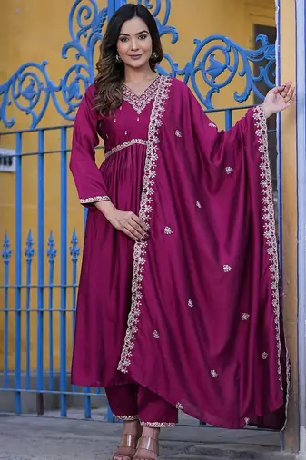 Floral Embroidered Empire Sequinned Kurta With Trouser & Dupatta