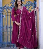 Floral Embroidered Empire Sequinned Kurta With Trouser & Dupatta