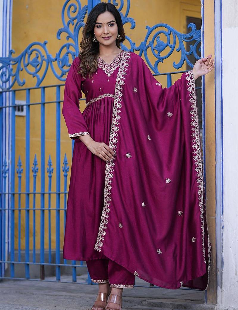 Floral Embroidered Empire Sequinned Kurta With Trouser & Dupatta