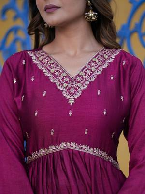 Floral Embroidered Empire Sequinned Kurta With Trouser & Dupatta 2