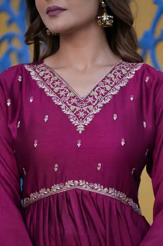 Floral Embroidered Empire Sequinned Kurta With Trouser & Dupatta
