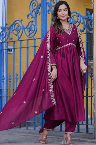 Floral Embroidered Empire Sequinned Kurta With Trouser & Dupatta