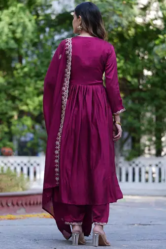 Floral Embroidered Empire Sequinned Kurta With Trouser & Dupatta