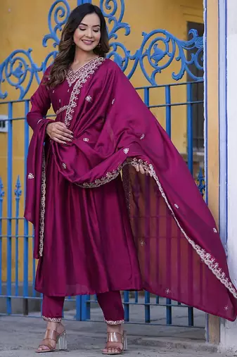 Floral Embroidered Empire Sequinned Kurta With Trouser & Dupatta