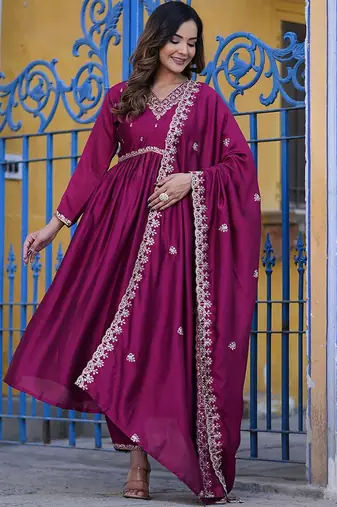 Floral Embroidered Empire Sequinned Kurta With Trouser & Dupatta