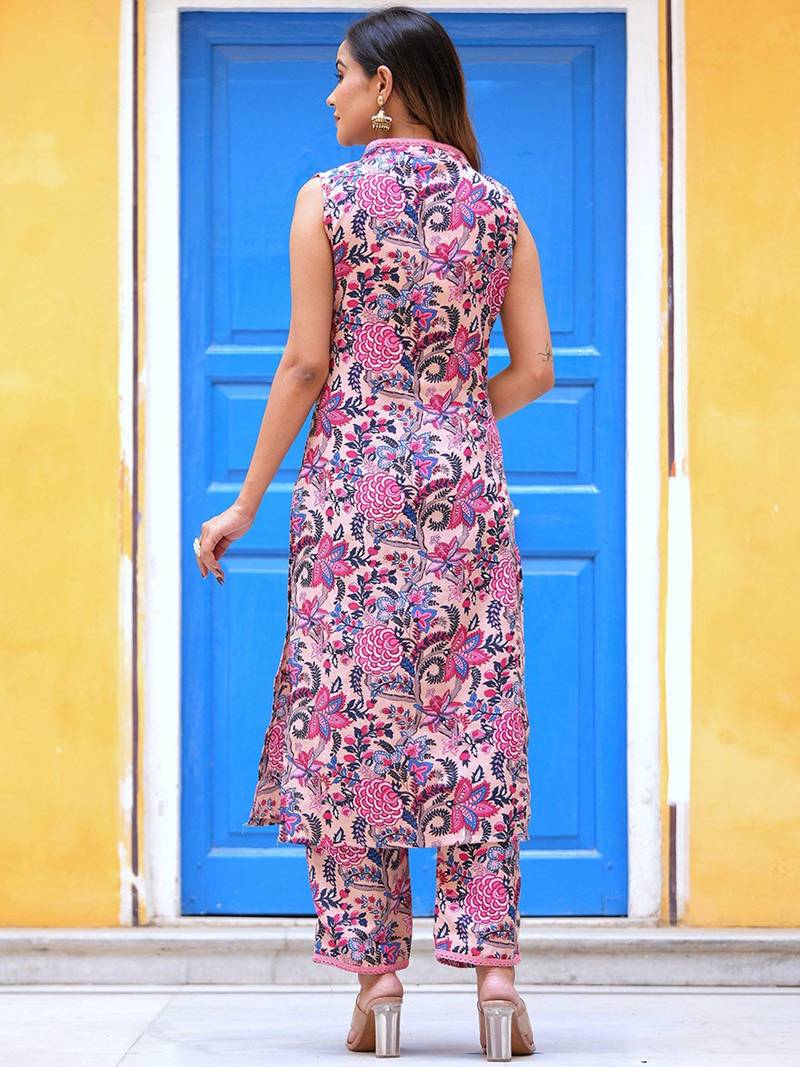 Floral Printed V-Neck Pure Cotton Straight Kurta with Trousers