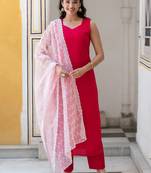 Sweetheart Neck Regular Thread Work Pure Silk Kurta With Trousers & Dupatta