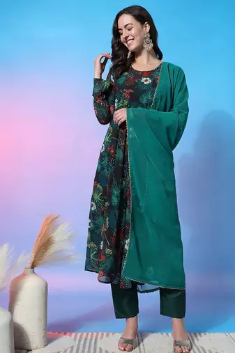 Floral Printed Empire Gotta Patti Kurta with Trousers & Dupatta