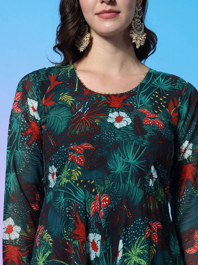 Floral Printed Empire Gotta Patti Kurta with Trousers & Dupatta