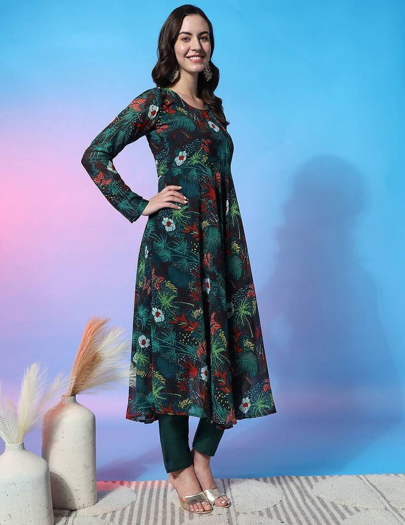 Floral Printed Empire Gotta Patti Kurta with Trousers & Dupatta