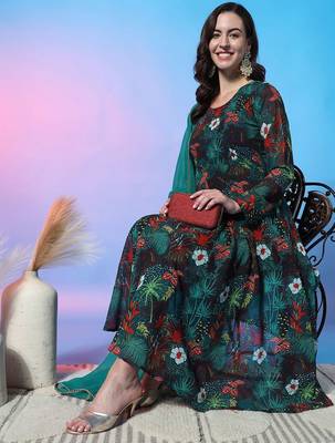 Floral Printed Empire Gotta Patti Kurta with Trousers & Dupatta 6