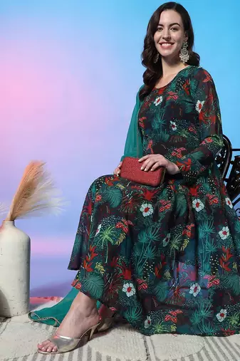Floral Printed Empire Gotta Patti Kurta with Trousers & Dupatta