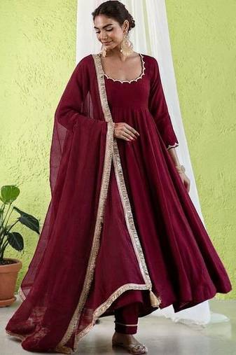 Women Empire Gotta Patti Chanderi Silk Kurta with Trousers & With Dupatta