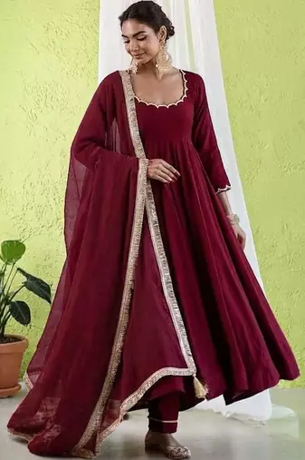 Women Empire Gotta Patti Chanderi Silk Kurta with Trousers & With Dupatta