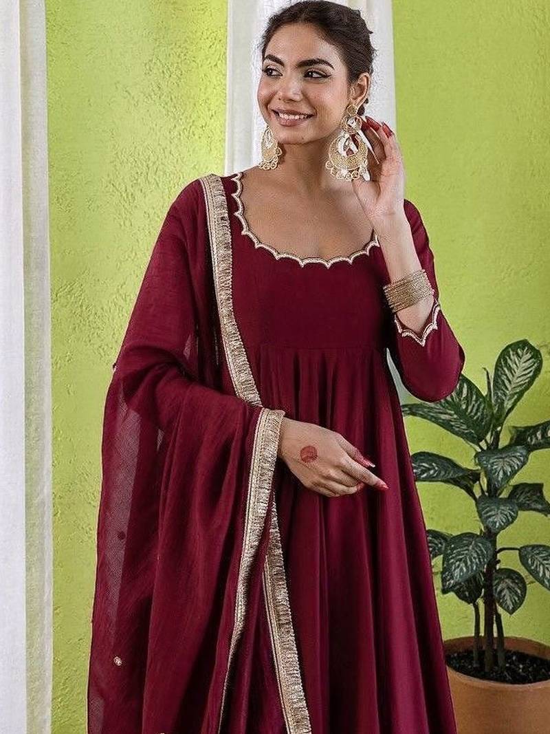 Women Empire Gotta Patti Chanderi Silk Kurta with Trousers & With Dupatta