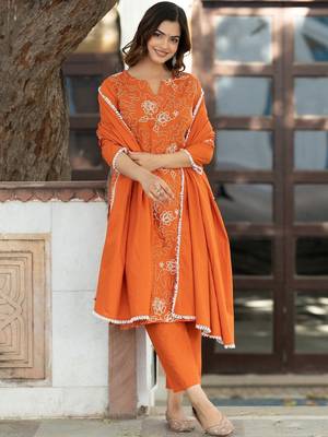 Women Ethnic Motifs Embroidered Regular Thread Work Pure Cotton Kurta with Trousers & With Dupatta 3