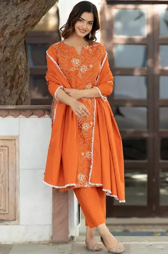 Women Ethnic Motifs Embroidered Regular Thread Work Pure Cotton Kurta with Trousers & With Dupatta
