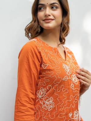 Women Ethnic Motifs Embroidered Regular Thread Work Pure Cotton Kurta with Trousers & With Dupatta 5