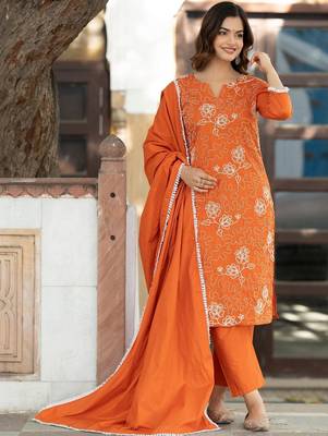 Women Ethnic Motifs Embroidered Regular Thread Work Pure Cotton Kurta with Trousers & With Dupatta 7