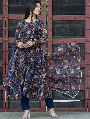 Floral Printed Round Neck Long Sleeves Gotta Patti Kurta with Trousers & Dupatta 4