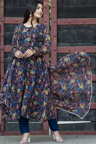 Floral Printed Round Neck Long Sleeves Gotta Patti Kurta with Trousers & Dupatta