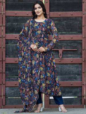 Floral Printed Round Neck Long Sleeves Gotta Patti Kurta with Trousers & Dupatta 6