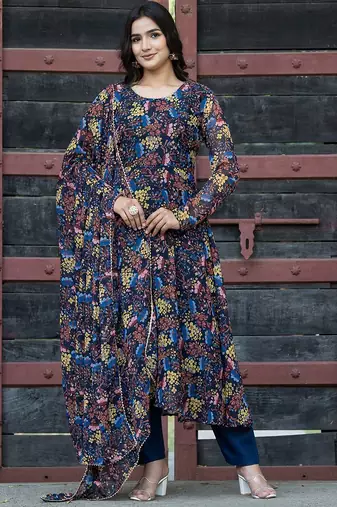 Floral Printed Round Neck Long Sleeves Gotta Patti Kurta with Trousers & Dupatta