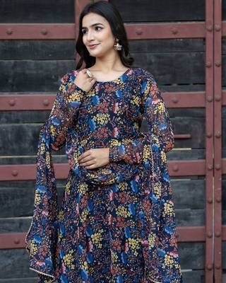 Floral Printed Round Neck Long Sleeves Gotta Patti Kurta with Trousers & Dupatta 7
