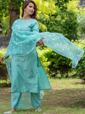 Women Ethnic Motifs Embroidered Regular Thread Work Chanderi Silk Kurta with Trousers & With Dupatta 6