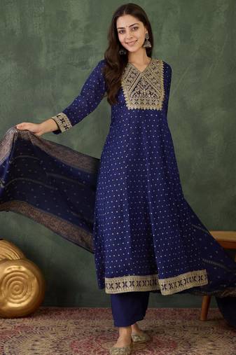 Women's Gorgeous Embroidery Work Vichitra Silk Fabric Flared Kurta Pant and Dupatta Set
