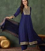 Women's Gorgeous Embroidery Work Vichitra Silk Fabric Flared Kurta Pant and Dupatta Set