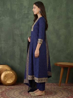 Women's Gorgeous Embroidery Work Vichitra Silk Fabric Flared Kurta Pant and Dupatta Set 3