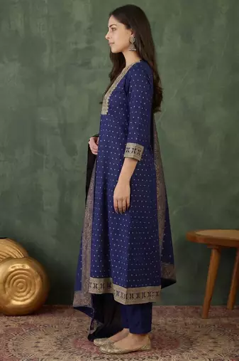 Women's Gorgeous Embroidery Work Vichitra Silk Fabric Flared Kurta Pant and Dupatta Set