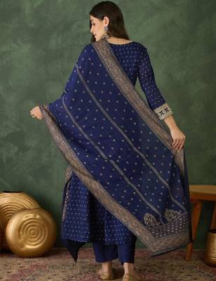 Women's Gorgeous Embroidery Work Vichitra Silk Fabric Flared Kurta Pant and Dupatta Set 4