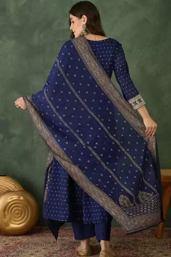 Women's Gorgeous Embroidery Work Vichitra Silk Fabric Flared Kurta Pant and Dupatta Set
