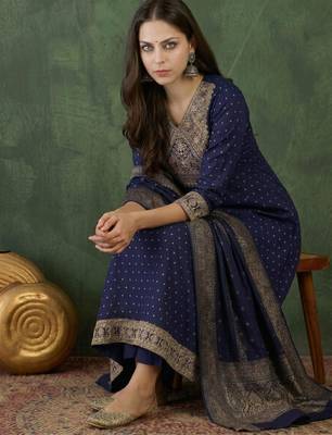 Women's Gorgeous Embroidery Work Vichitra Silk Fabric Flared Kurta Pant and Dupatta Set 6