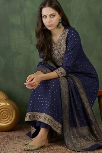 Women's Gorgeous Embroidery Work Vichitra Silk Fabric Flared Kurta Pant and Dupatta Set