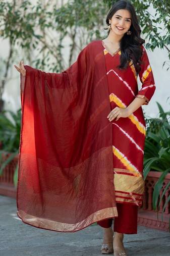 Women Dyed Regular Kurta with Trousers & With Dupatta